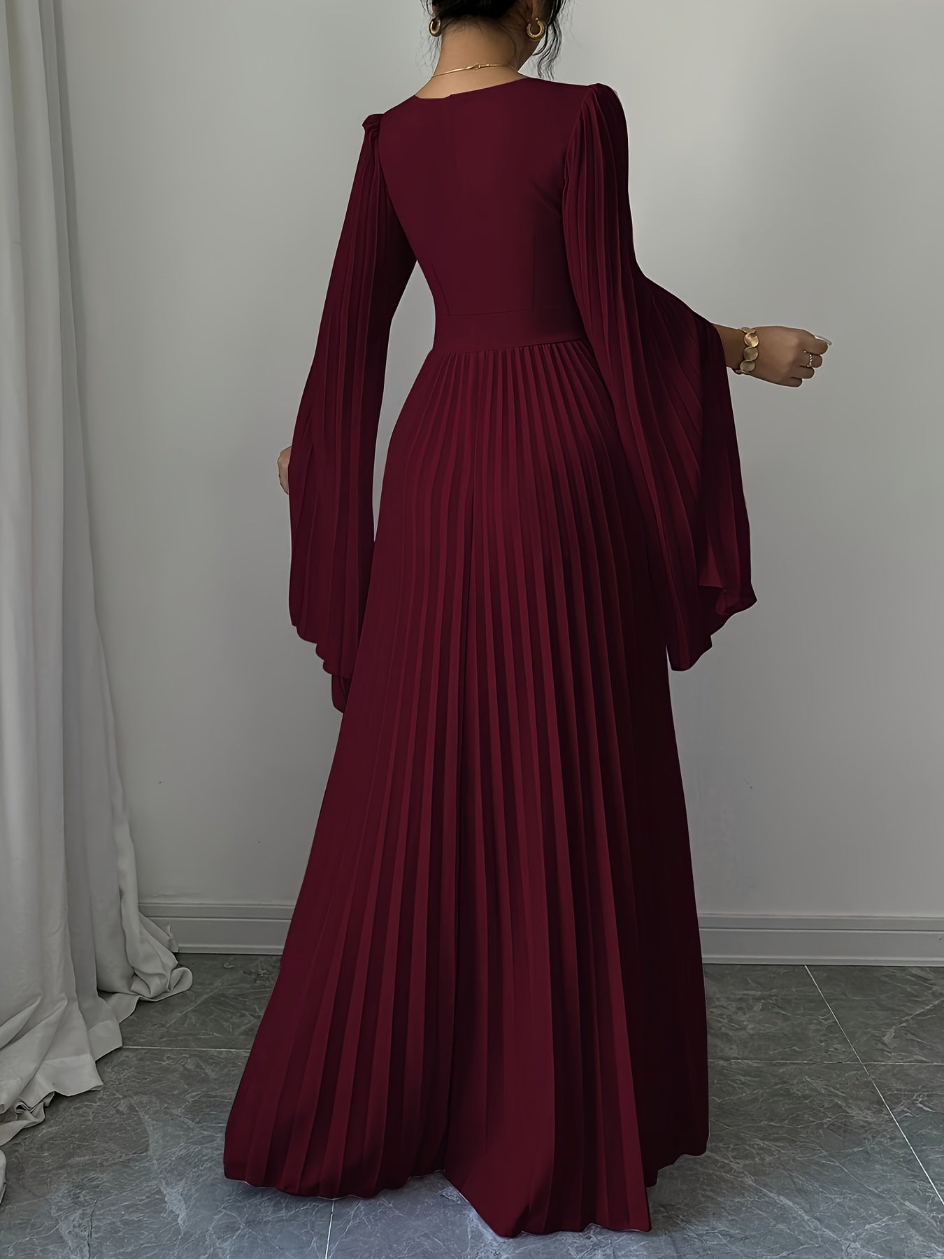Women's Elegant V-Neck Pleated Open Sleeve Maxi Dress - Fitted Solid Black Machine-Washable Lightweight Spring/Summer Romantic Formal & Casual Outfit