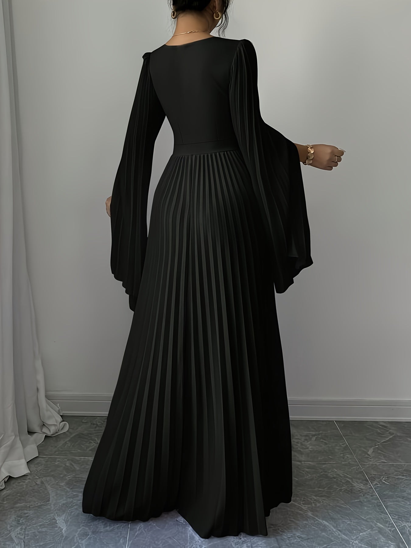 Women's Elegant V-Neck Pleated Open Sleeve Maxi Dress - Fitted Solid Black Machine-Washable Lightweight Spring/Summer Romantic Formal & Casual Outfit