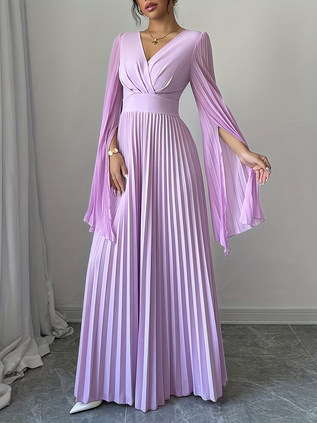 Women's Elegant V-Neck Pleated Open Sleeve Maxi Dress - Fitted Solid Black Machine-Washable Lightweight Spring/Summer Romantic Formal & Casual Outfit