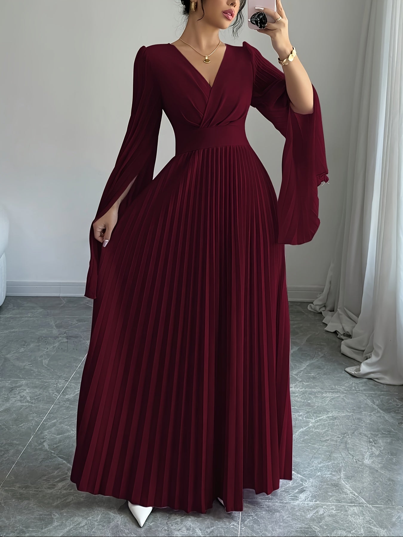 Women's Elegant V-Neck Pleated Open Sleeve Maxi Dress - Fitted Solid Black Machine-Washable Lightweight Spring/Summer Romantic Formal & Casual Outfit