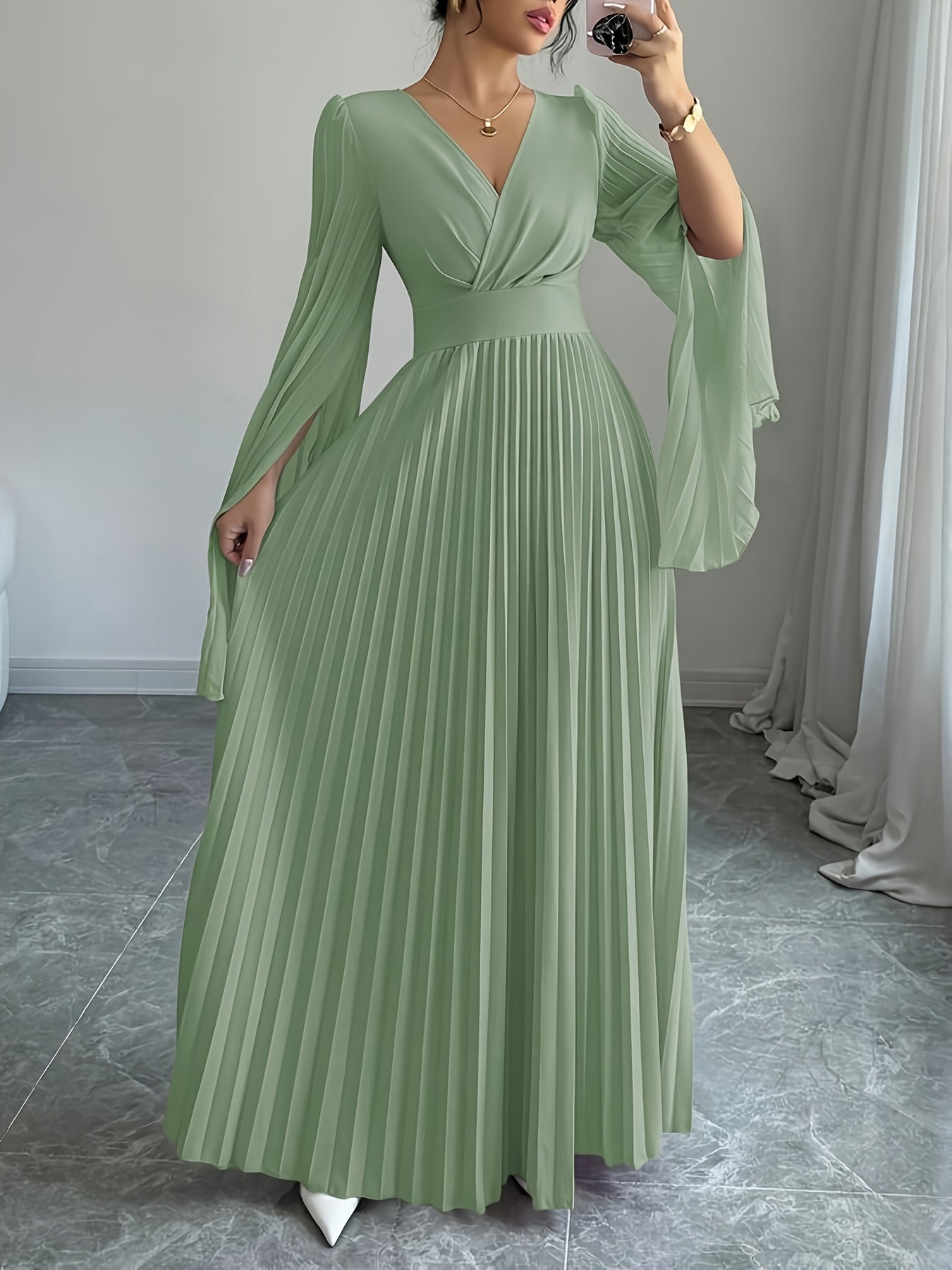 Women's Elegant V-Neck Pleated Open Sleeve Maxi Dress - Fitted Solid Black Machine-Washable Lightweight Spring/Summer Romantic Formal & Casual Outfit