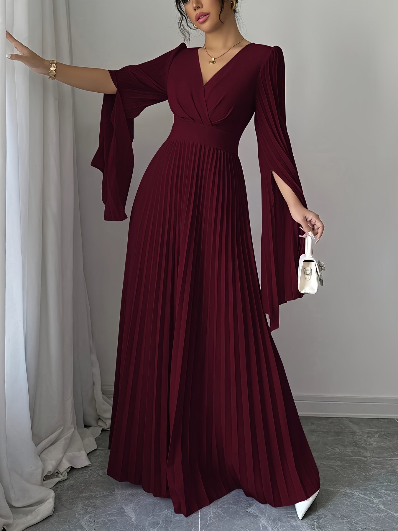 Women's Elegant V-Neck Pleated Open Sleeve Maxi Dress - Fitted Solid Black Machine-Washable Lightweight Spring/Summer Romantic Formal & Casual Outfit