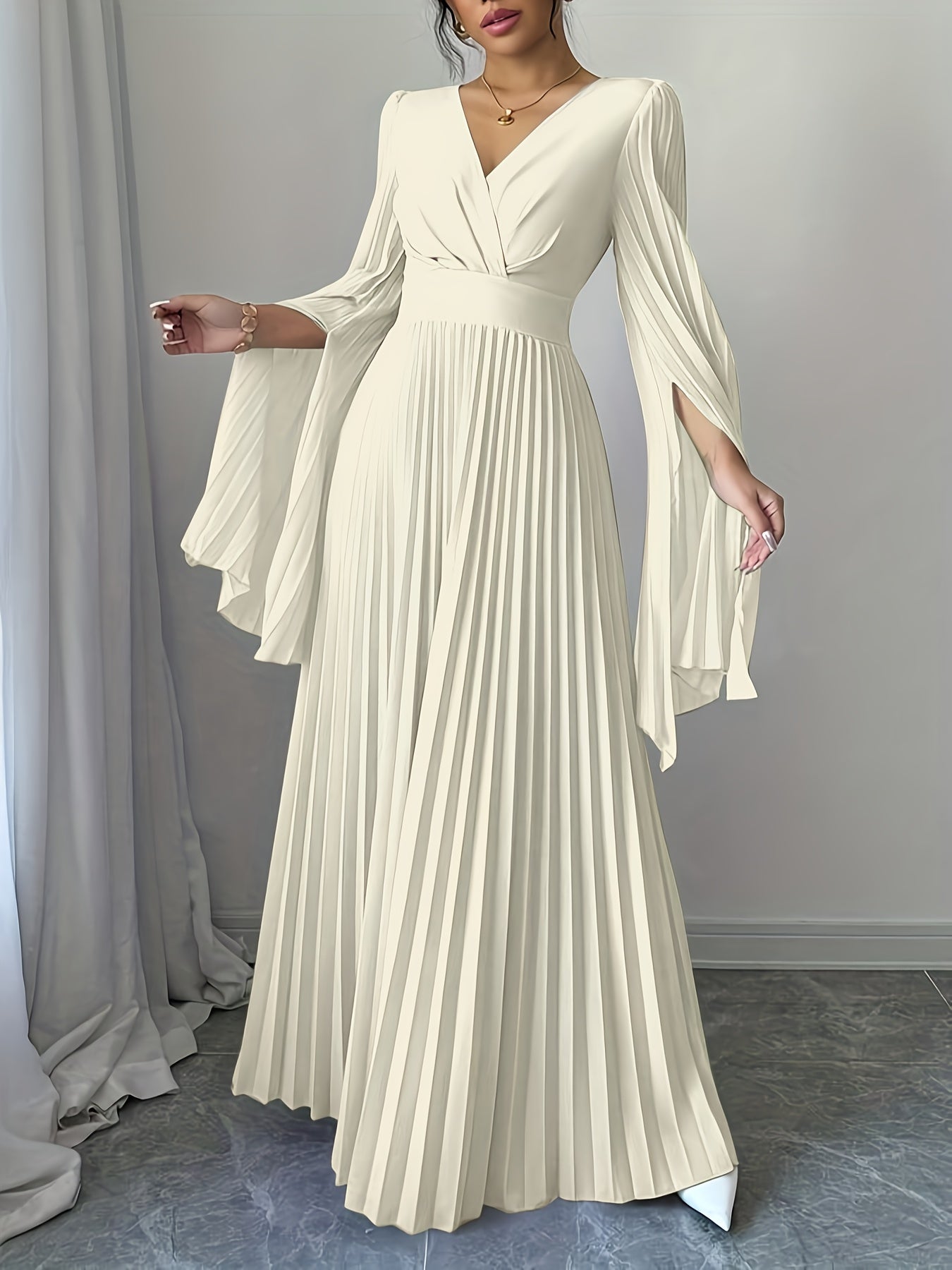 Women's Elegant V-Neck Pleated Open Sleeve Maxi Dress - Fitted Solid Black Machine-Washable Lightweight Spring/Summer Romantic Formal & Casual Outfit