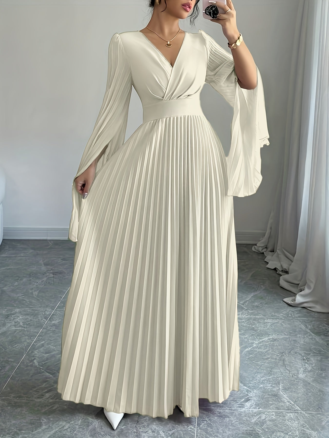 Women's Elegant V-Neck Pleated Open Sleeve Maxi Dress - Fitted Solid Black Machine-Washable Lightweight Spring/Summer Romantic Formal & Casual Outfit