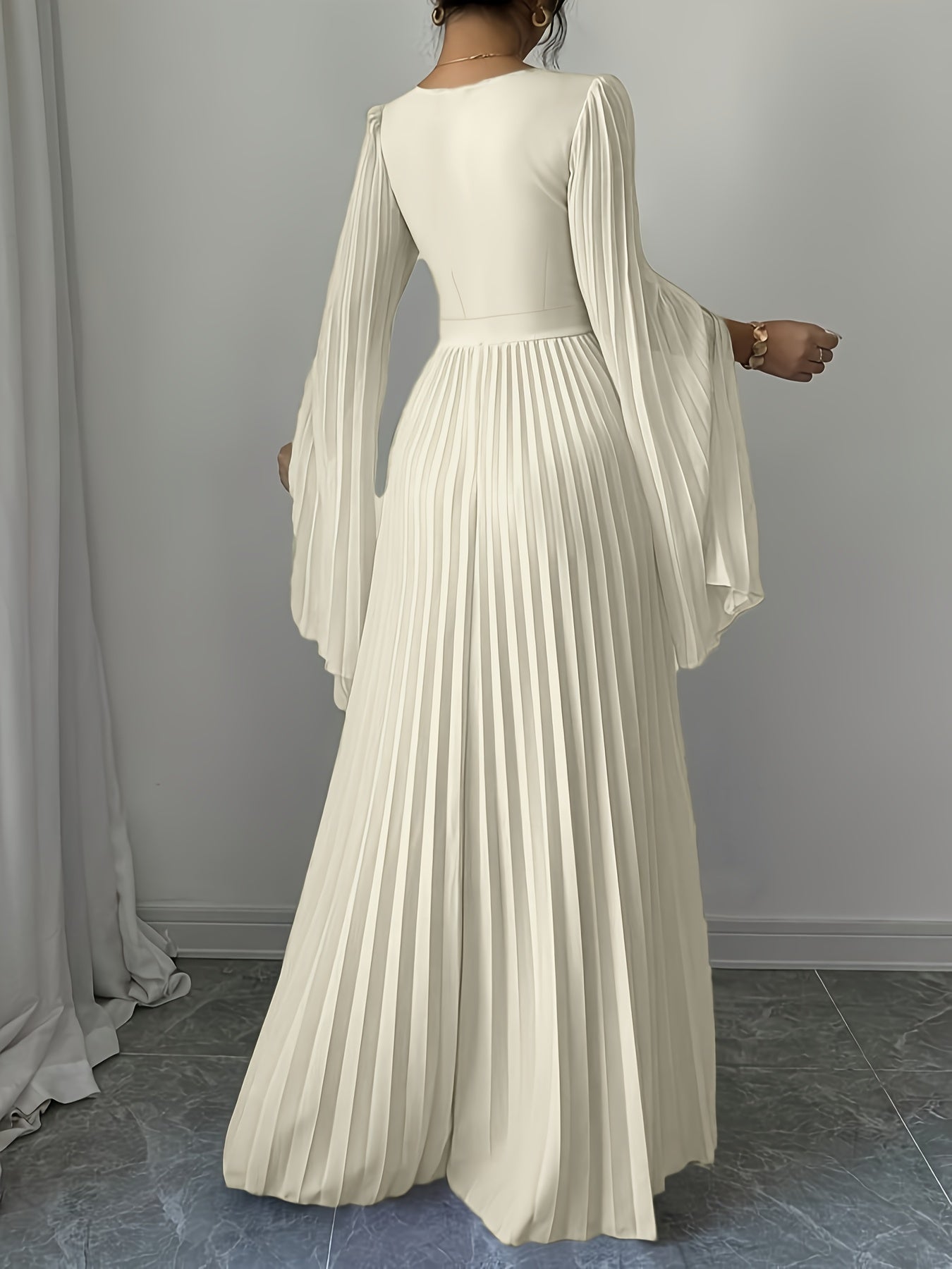 Women's Elegant V-Neck Pleated Open Sleeve Maxi Dress - Fitted Solid Black Machine-Washable Lightweight Spring/Summer Romantic Formal & Casual Outfit