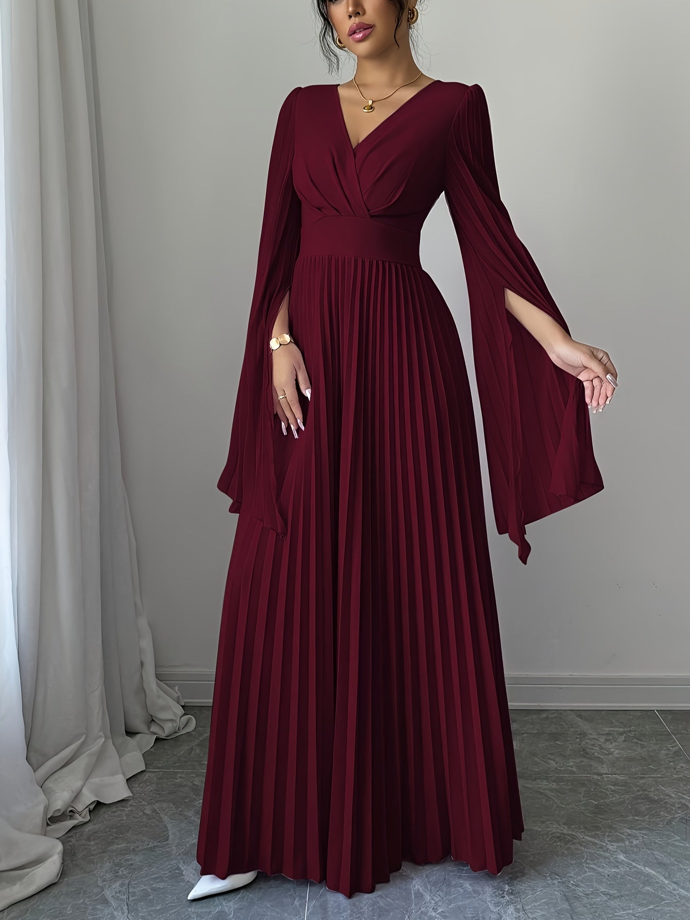 Women's Elegant V-Neck Pleated Open Sleeve Maxi Dress - Fitted Solid Black Machine-Washable Lightweight Spring/Summer Romantic Formal & Casual Outfit