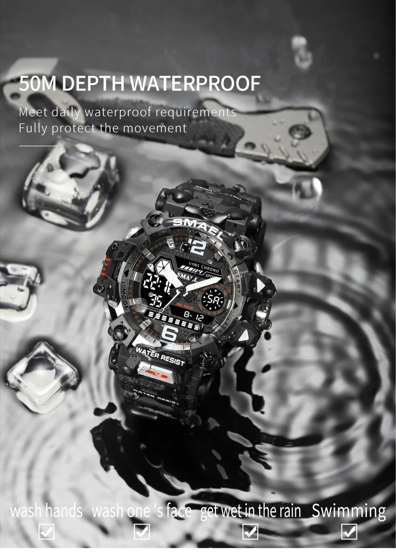 SMAEL Men Watches 50m Waterproof Sports Watch Military Man Sports Watch Digital 8072 Dual Display Watch Quartz Led Digital