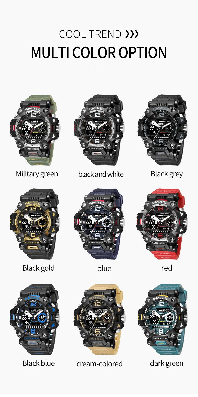 SMAEL Men Watches 50m Waterproof Sports Watch Military Man Sports Watch Digital 8072 Dual Display Watch Quartz Led Digital