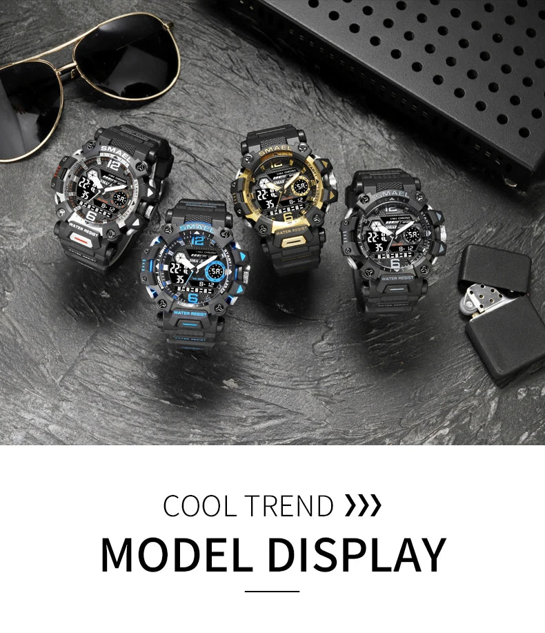 SMAEL Men Watches 50m Waterproof Sports Watch Military Man Sports Watch Digital 8072 Dual Display Watch Quartz Led Digital