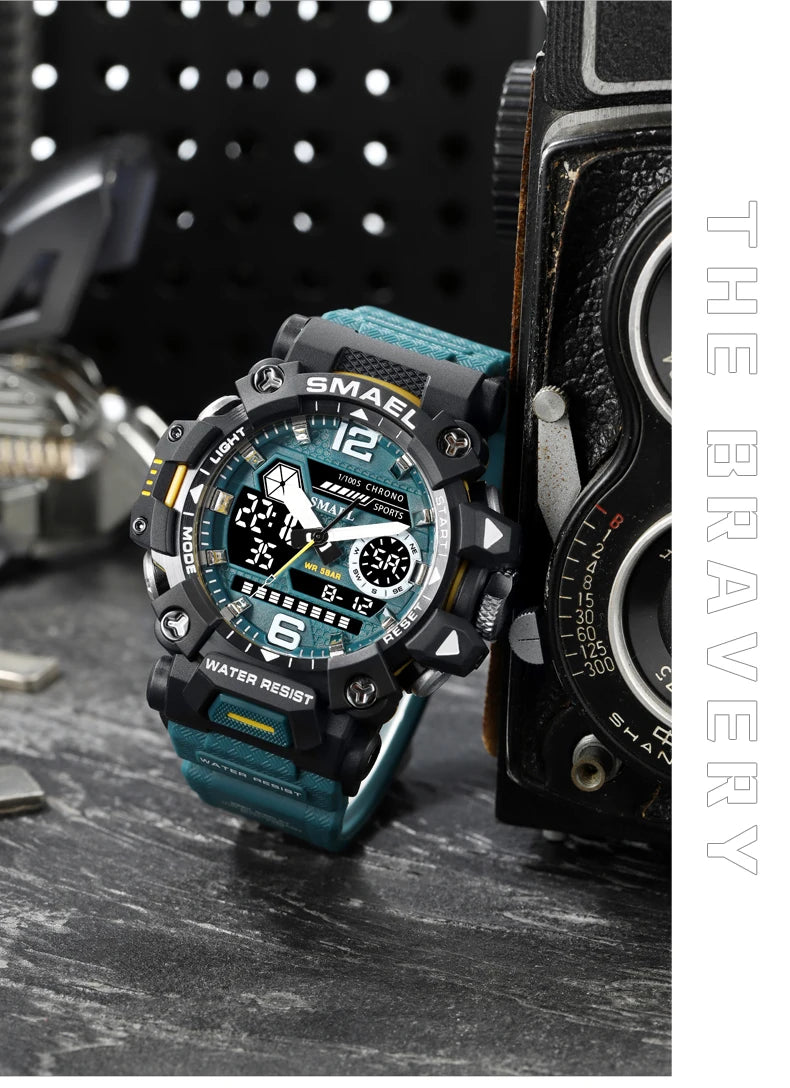 SMAEL Men Watches 50m Waterproof Sports Watch Military Man Sports Watch Digital 8072 Dual Display Watch Quartz Led Digital