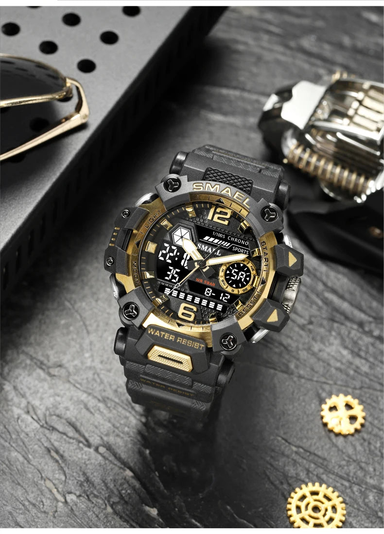 SMAEL Men Watches 50m Waterproof Sports Watch Military Man Sports Watch Digital 8072 Dual Display Watch Quartz Led Digital