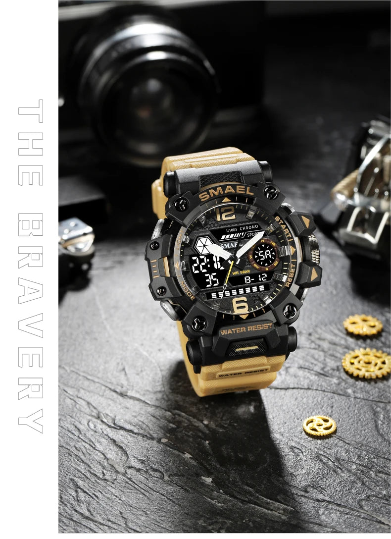 SMAEL Men Watches 50m Waterproof Sports Watch Military Man Sports Watch Digital 8072 Dual Display Watch Quartz Led Digital