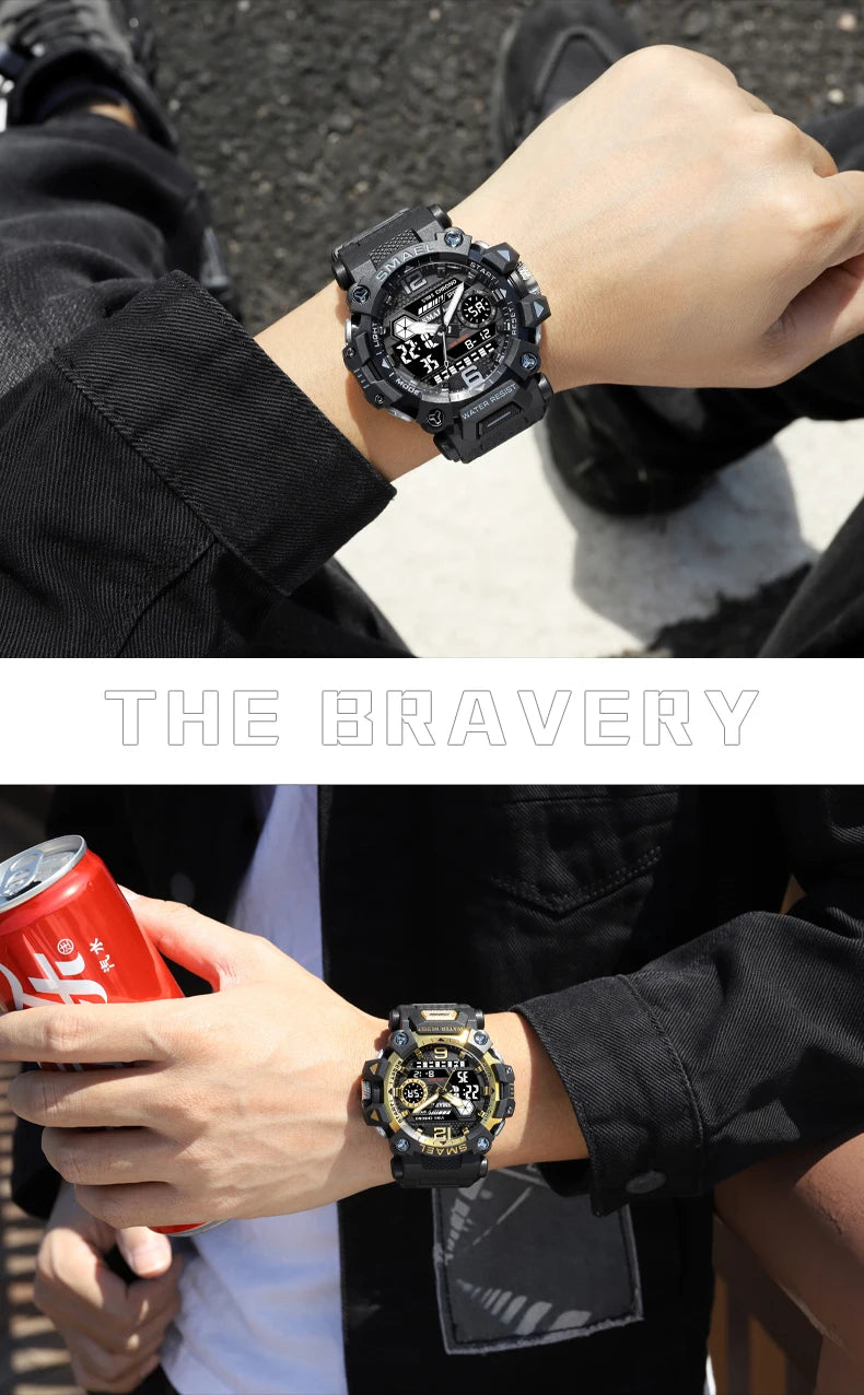 SMAEL Men Watches 50m Waterproof Sports Watch Military Man Sports Watch Digital 8072 Dual Display Watch Quartz Led Digital