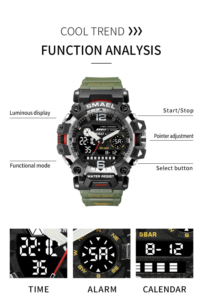 SMAEL Men Watches 50m Waterproof Sports Watch Military Man Sports Watch Digital 8072 Dual Display Watch Quartz Led Digital