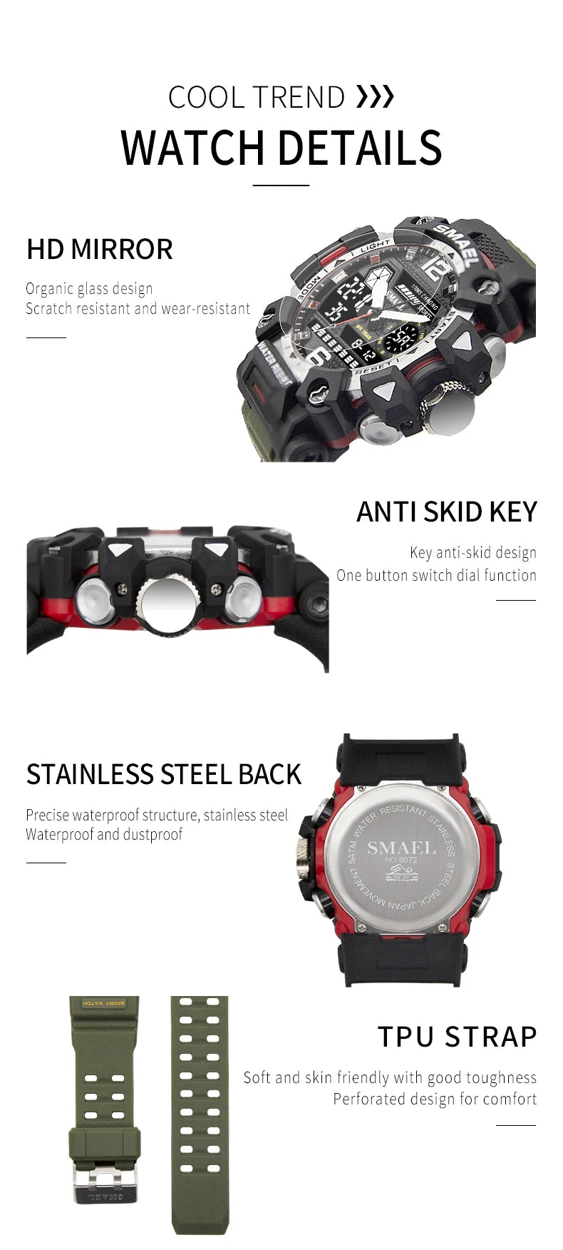 SMAEL Men Watches 50m Waterproof Sports Watch Military Man Sports Watch Digital 8072 Dual Display Watch Quartz Led Digital