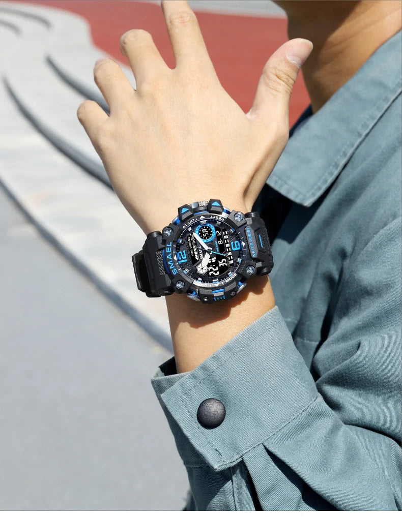 SMAEL Men Watches 50m Waterproof Sports Watch Military Man Sports Watch Digital 8072 Dual Display Watch Quartz Led Digital