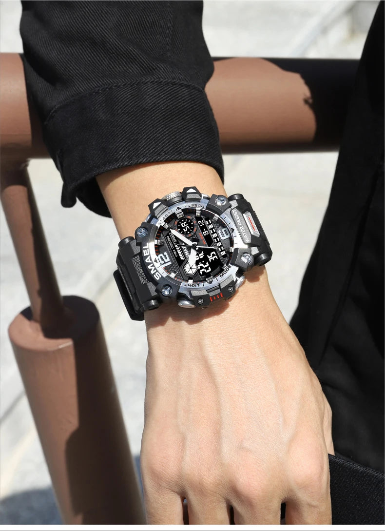SMAEL Men Watches 50m Waterproof Sports Watch Military Man Sports Watch Digital 8072 Dual Display Watch Quartz Led Digital