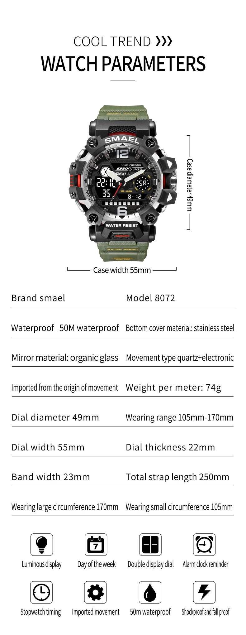 SMAEL Men Watches 50m Waterproof Sports Watch Military Man Sports Watch Digital 8072 Dual Display Watch Quartz Led Digital