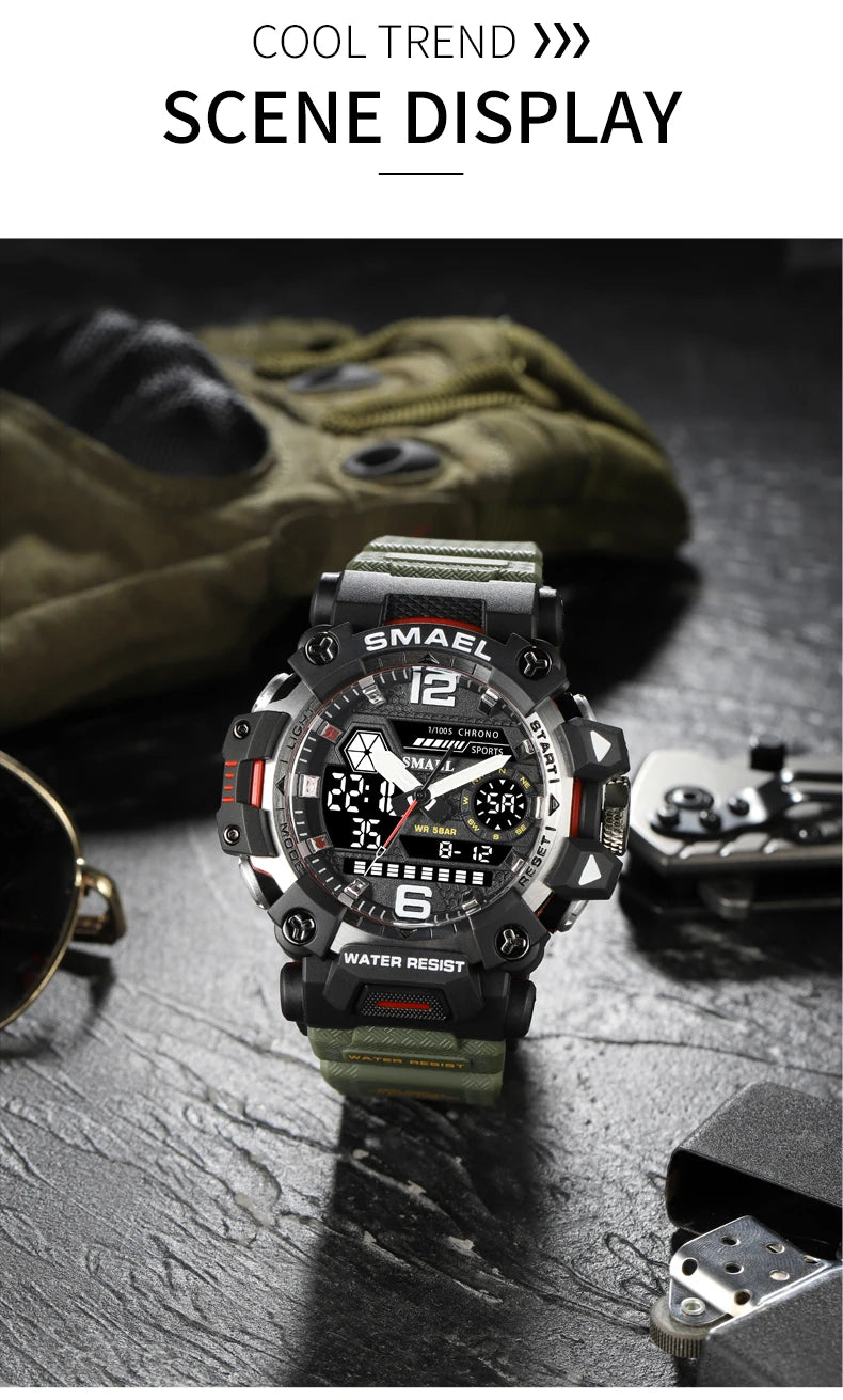 SMAEL Men Watches 50m Waterproof Sports Watch Military Man Sports Watch Digital 8072 Dual Display Watch Quartz Led Digital