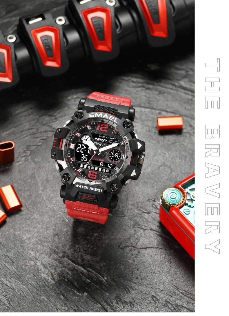SMAEL Men Watches 50m Waterproof Sports Watch Military Man Sports Watch Digital 8072 Dual Display Watch Quartz Led Digital