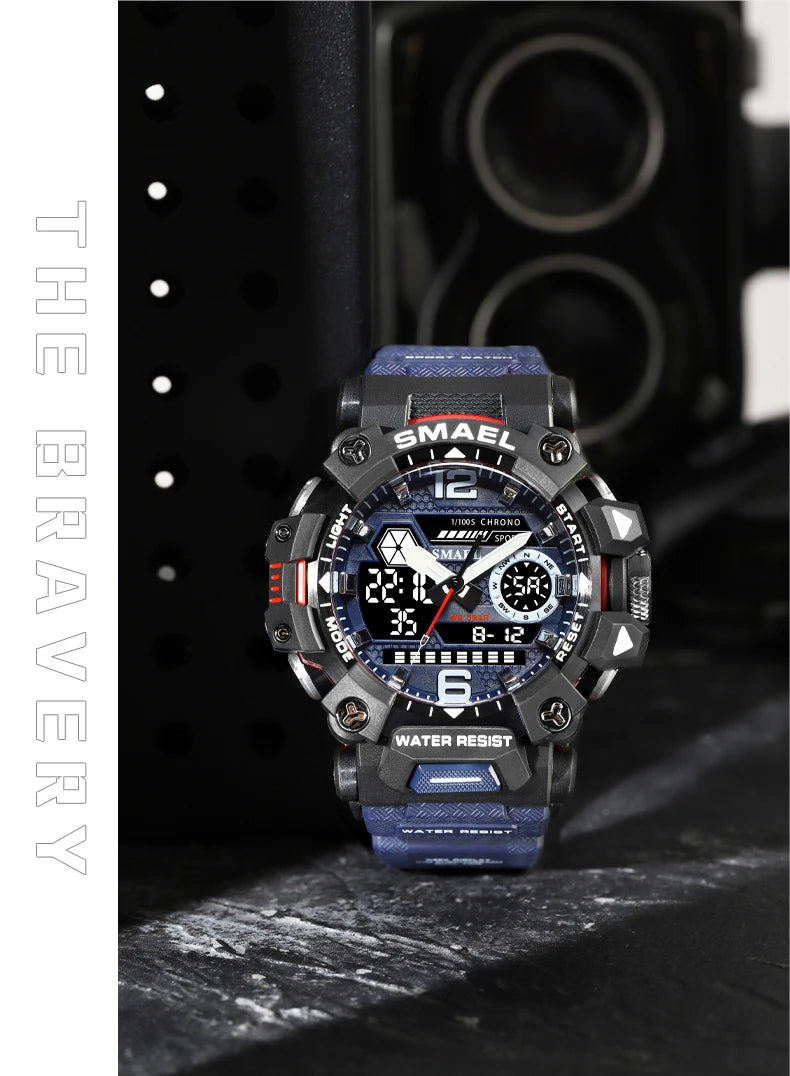 SMAEL Men Watches 50m Waterproof Sports Watch Military Man Sports Watch Digital 8072 Dual Display Watch Quartz Led Digital