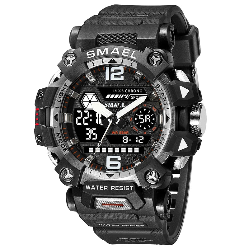 SMAEL Men Watches 50m Waterproof Sports Watch Military Man Sports Watch Digital 8072 Dual Display Watch Quartz Led Digital