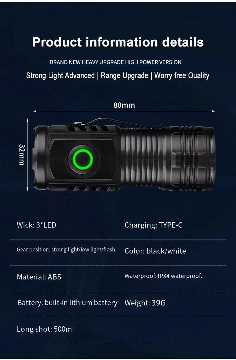 LED Strong Light Flashlight Rechargeable Multi functional for Long Range Portable Outdoor Home Mini Flashlight Cap Clip Light