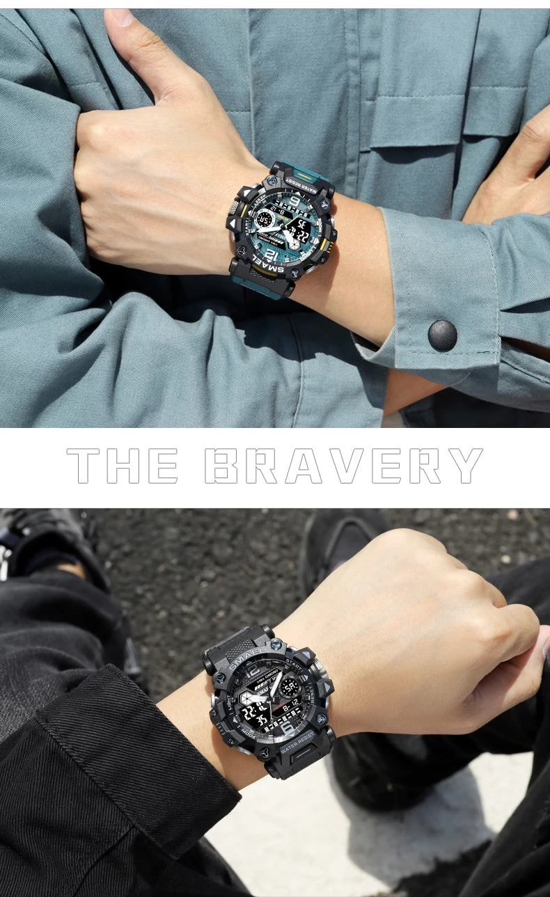 SMAEL Men Watches 50m Waterproof Sports Watch Military Man Sports Watch Digital 8072 Dual Display Watch Quartz Led Digital