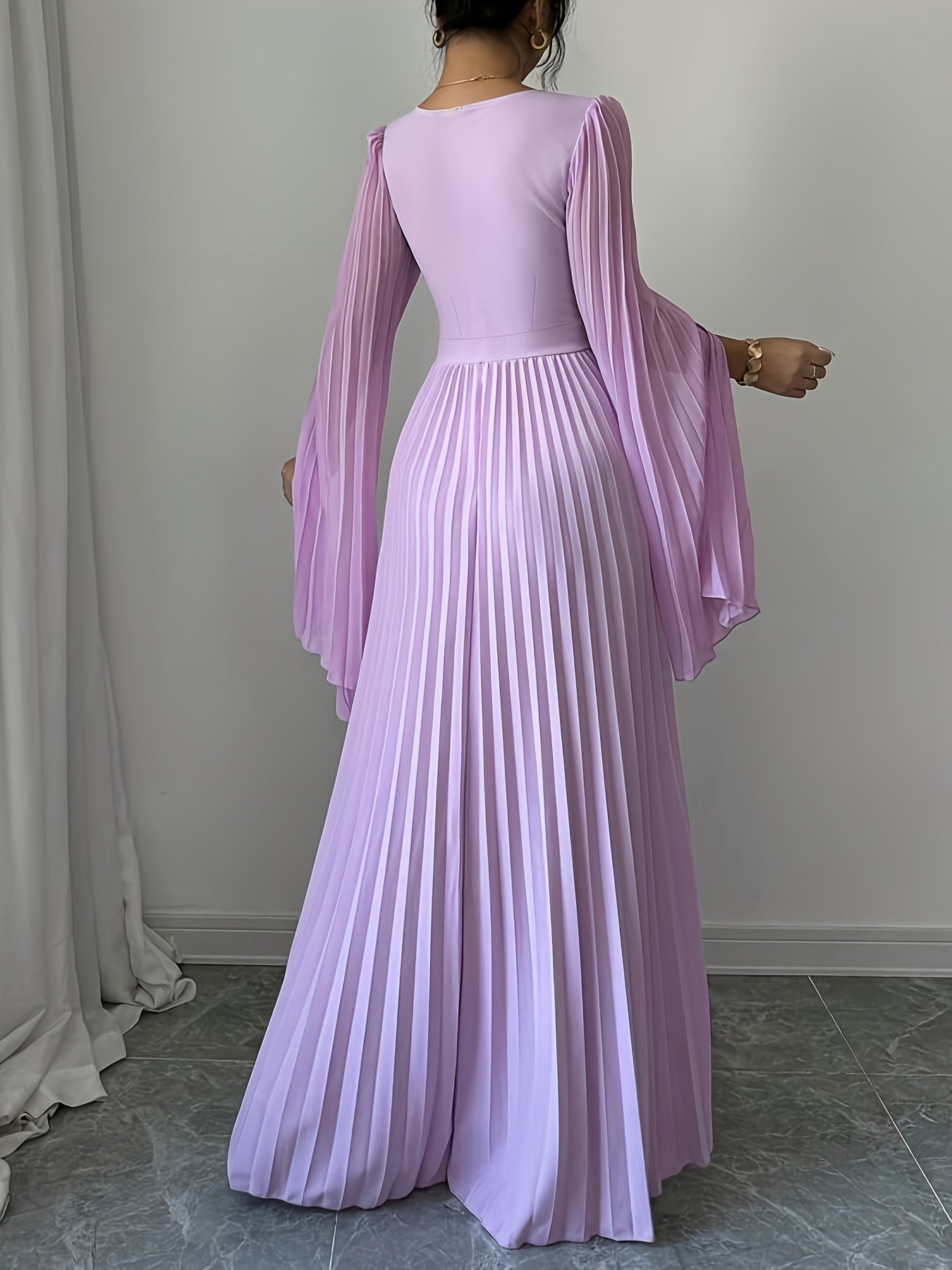 Women's Elegant V-Neck Pleated Open Sleeve Maxi Dress - Fitted Solid Black Machine-Washable Lightweight Spring/Summer Romantic Formal & Casual Outfit