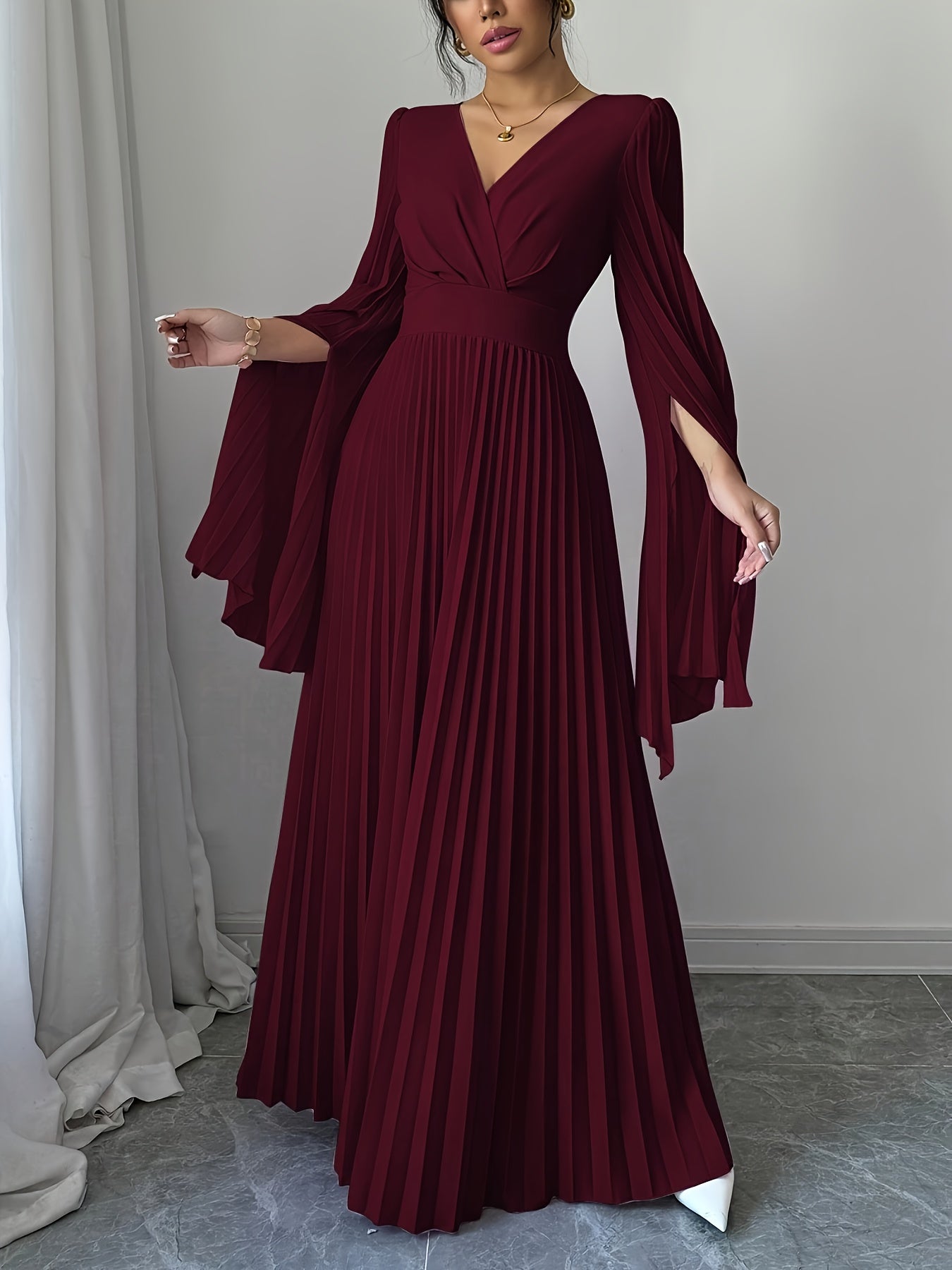 Women's Elegant V-Neck Pleated Open Sleeve Maxi Dress - Fitted Solid Black Machine-Washable Lightweight Spring/Summer Romantic Formal & Casual Outfit