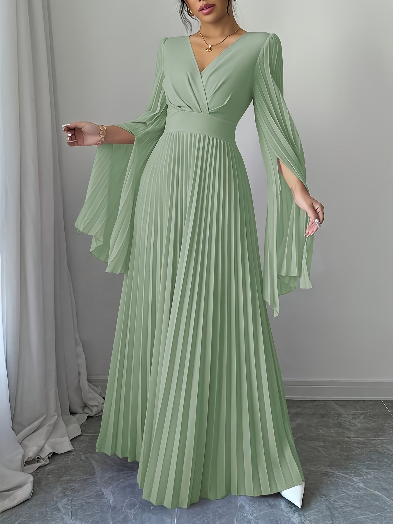 Women's Elegant V-Neck Pleated Open Sleeve Maxi Dress - Fitted Solid Black Machine-Washable Lightweight Spring/Summer Romantic Formal & Casual Outfit