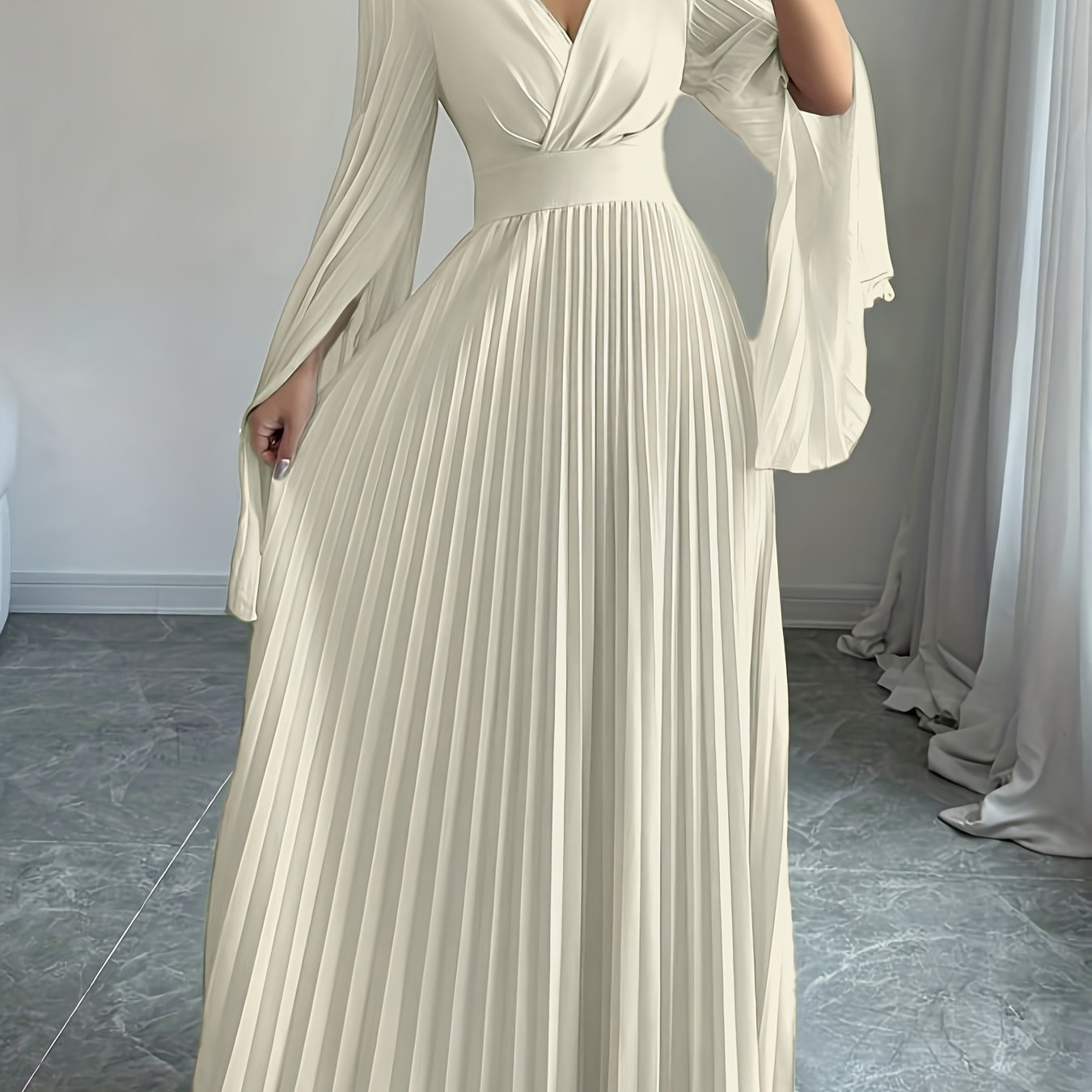 Women's Elegant V-Neck Pleated Open Sleeve Maxi Dress - Fitted Solid Black Machine-Washable Lightweight Spring/Summer Romantic Formal & Casual Outfit