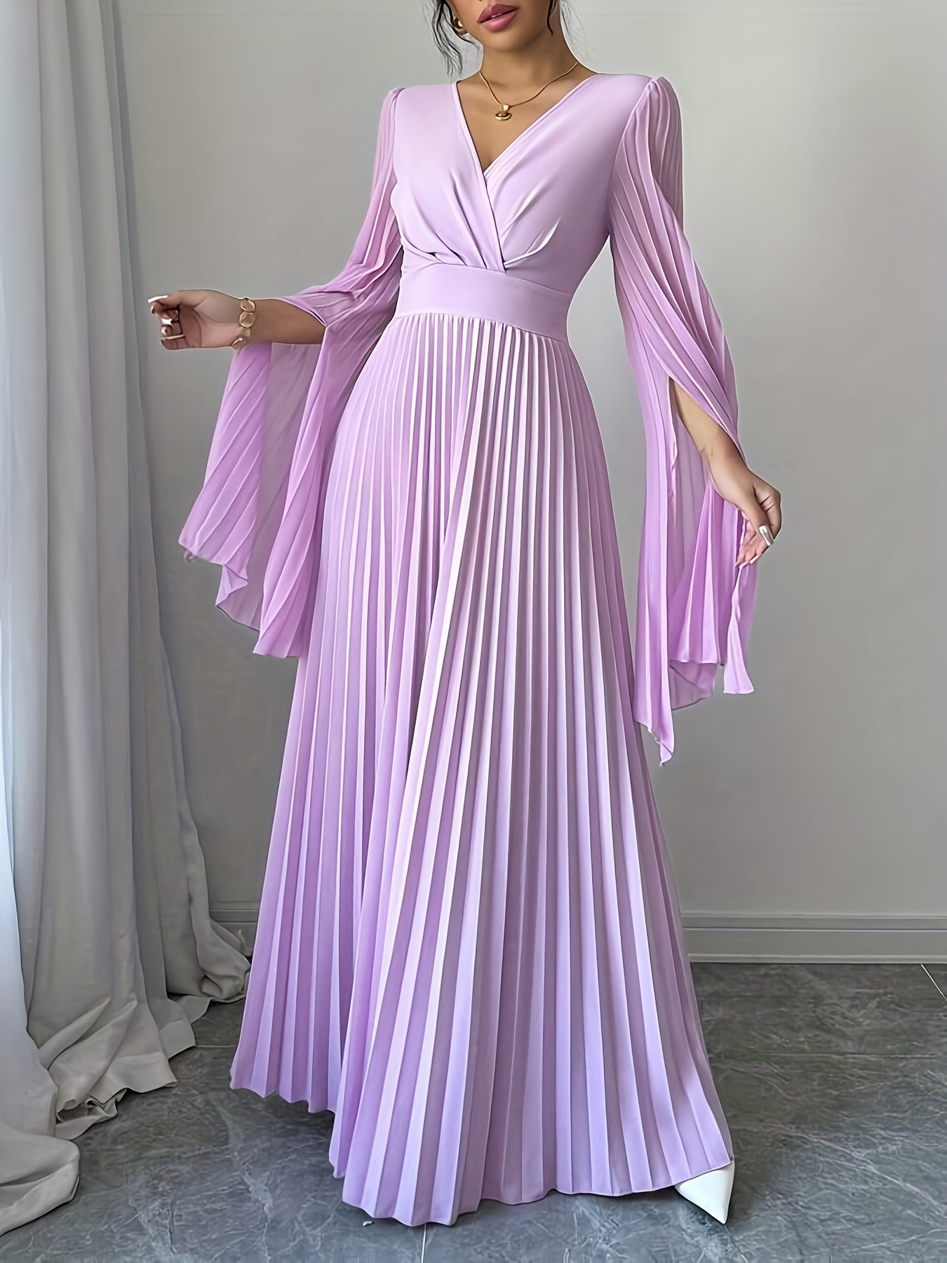 Women's Elegant V-Neck Pleated Open Sleeve Maxi Dress - Fitted Solid Black Machine-Washable Lightweight Spring/Summer Romantic Formal & Casual Outfit