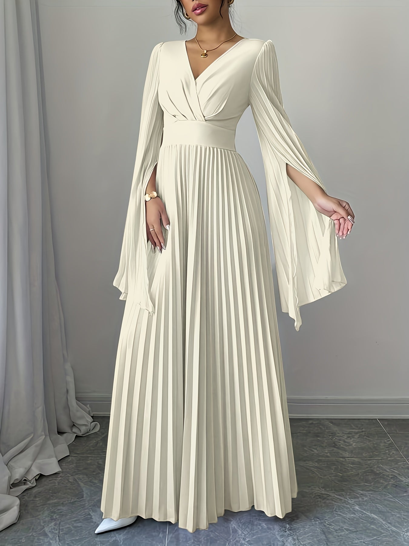 Women's Elegant V-Neck Pleated Open Sleeve Maxi Dress - Fitted Solid Black Machine-Washable Lightweight Spring/Summer Romantic Formal & Casual Outfit