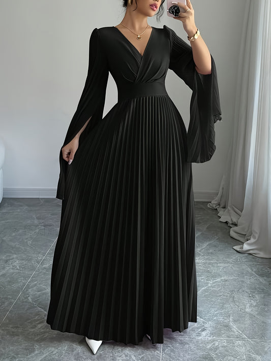 Women's Elegant V-Neck Pleated Open Sleeve Maxi Dress - Fitted Solid Black Machine-Washable Lightweight Spring/Summer Romantic Formal & Casual Outfit