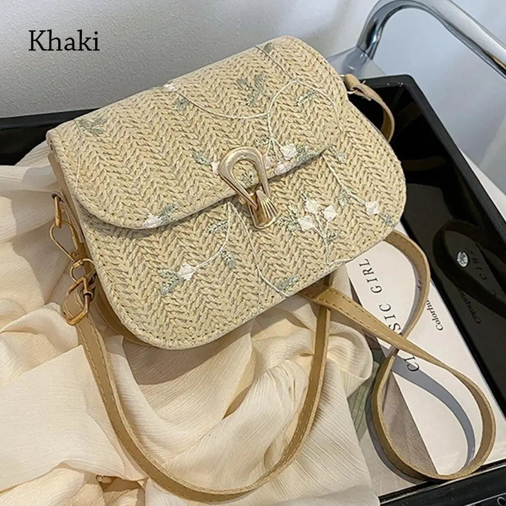Fashion Flower Woven Saddle Bag Women Cute Straw Shoulder Bags Trendy Casual Handbag Ladies Lace Embroidery Crossbody Bags
